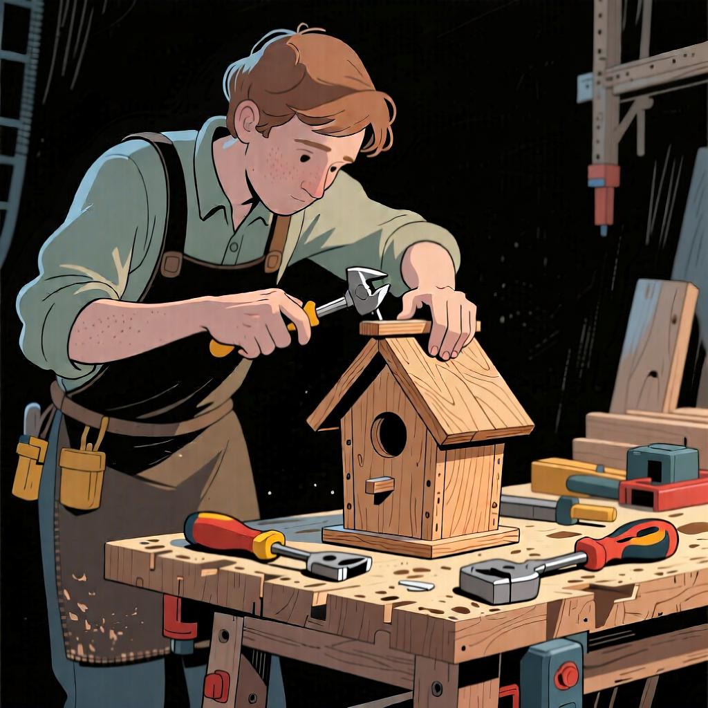 A person carefully assembling a small wooden birdhouse on a workbench, illustrating the meaning 'to make' or 'to do'.