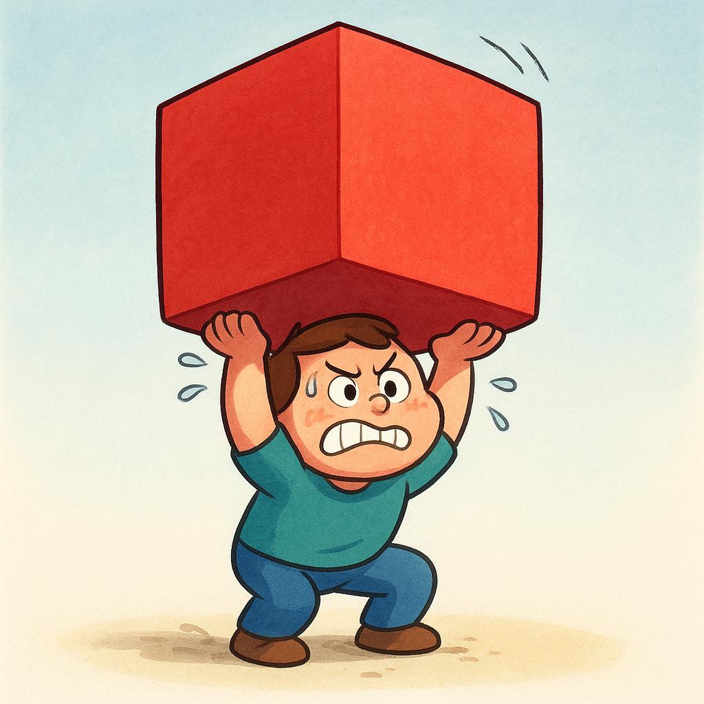 A strong person wearing a blue shirt and yellow gloves using both hands to lift a very large, heavy, red cube off the ground.