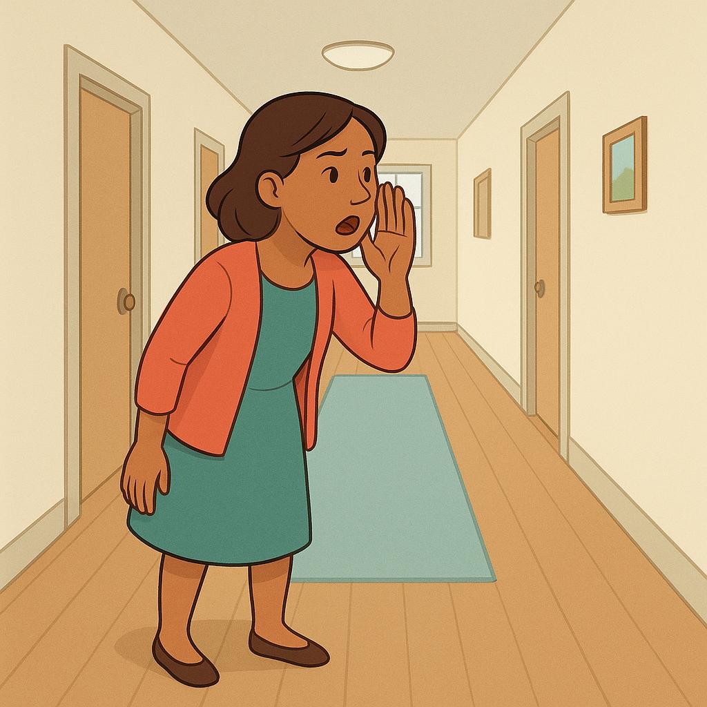 A woman stands in a brightly lit, empty hallway, cupping her hands around her mouth and calling out while looking intently down the hall, searching for another person.