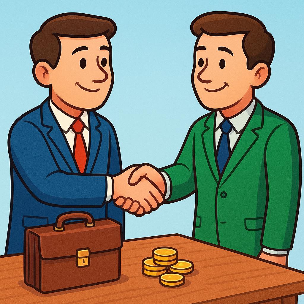 Two professional figures shaking hands over a table with a briefcase and coins, symbolizing a business transaction or general commerce.