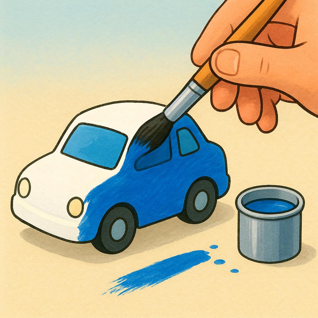A white car being painted bright blue with a paintbrush.