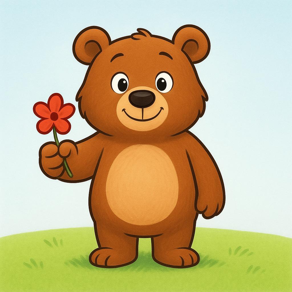 A friendly cartoon bear is holding a brightly colored object, extending it directly towards the viewer in an act of offering or delivery.