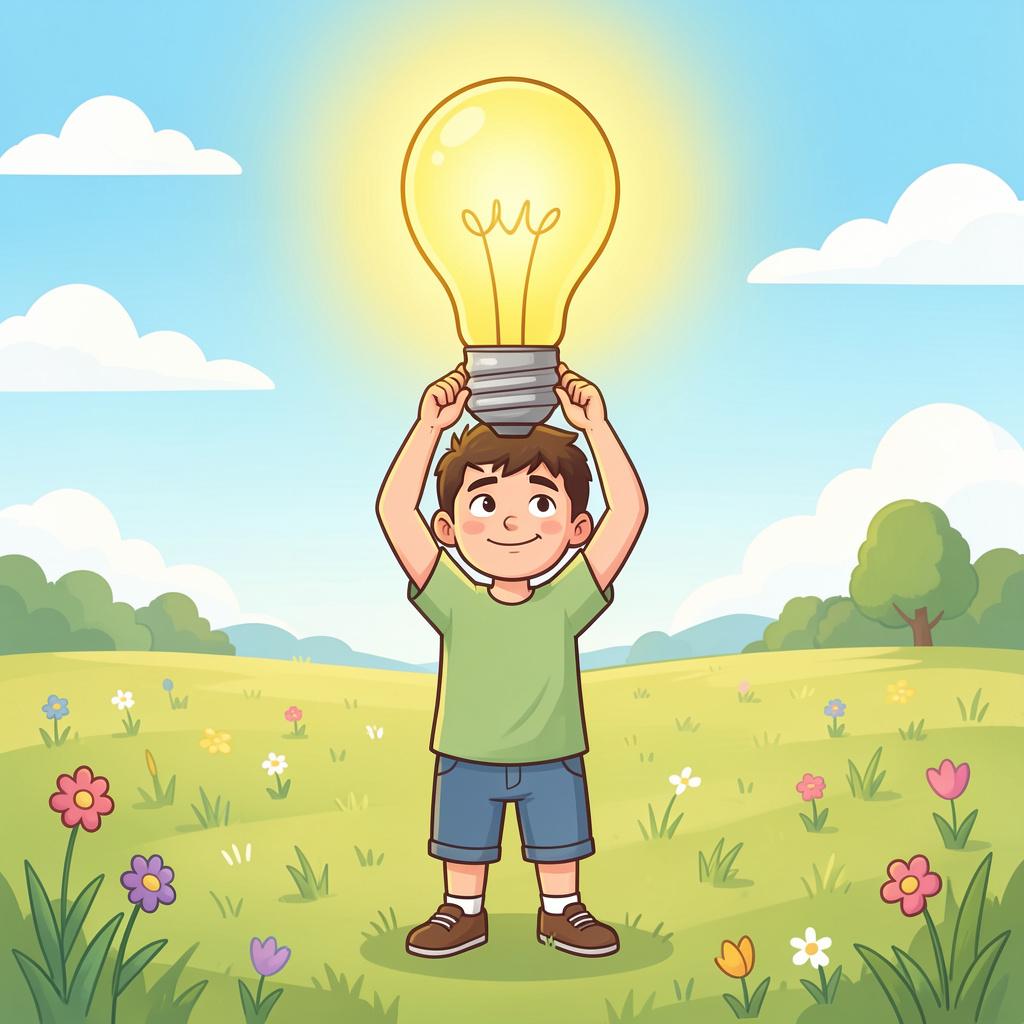 A person in a colorful storybook style looking happy and holding a glowing lightbulb, representing the possession of knowledge.