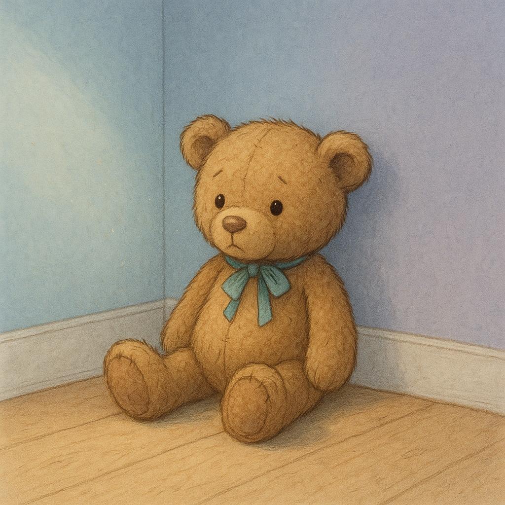 A small, faded, dusty teddy bear sitting alone on a wooden floor in a dimly lit room, suggesting it has been neglected and forgotten.