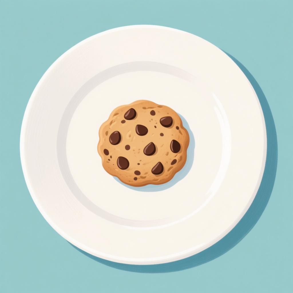 A single, isolated chocolate chip cookie sitting alone on a large, white, empty plate, symbolizing something that remains.