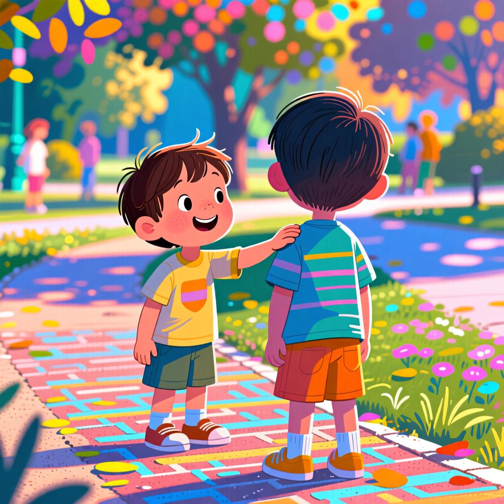 A friendly child gently tapping the shoulder of a friend who is looking away, illustrating the use of 'hey' to get someone's attention.