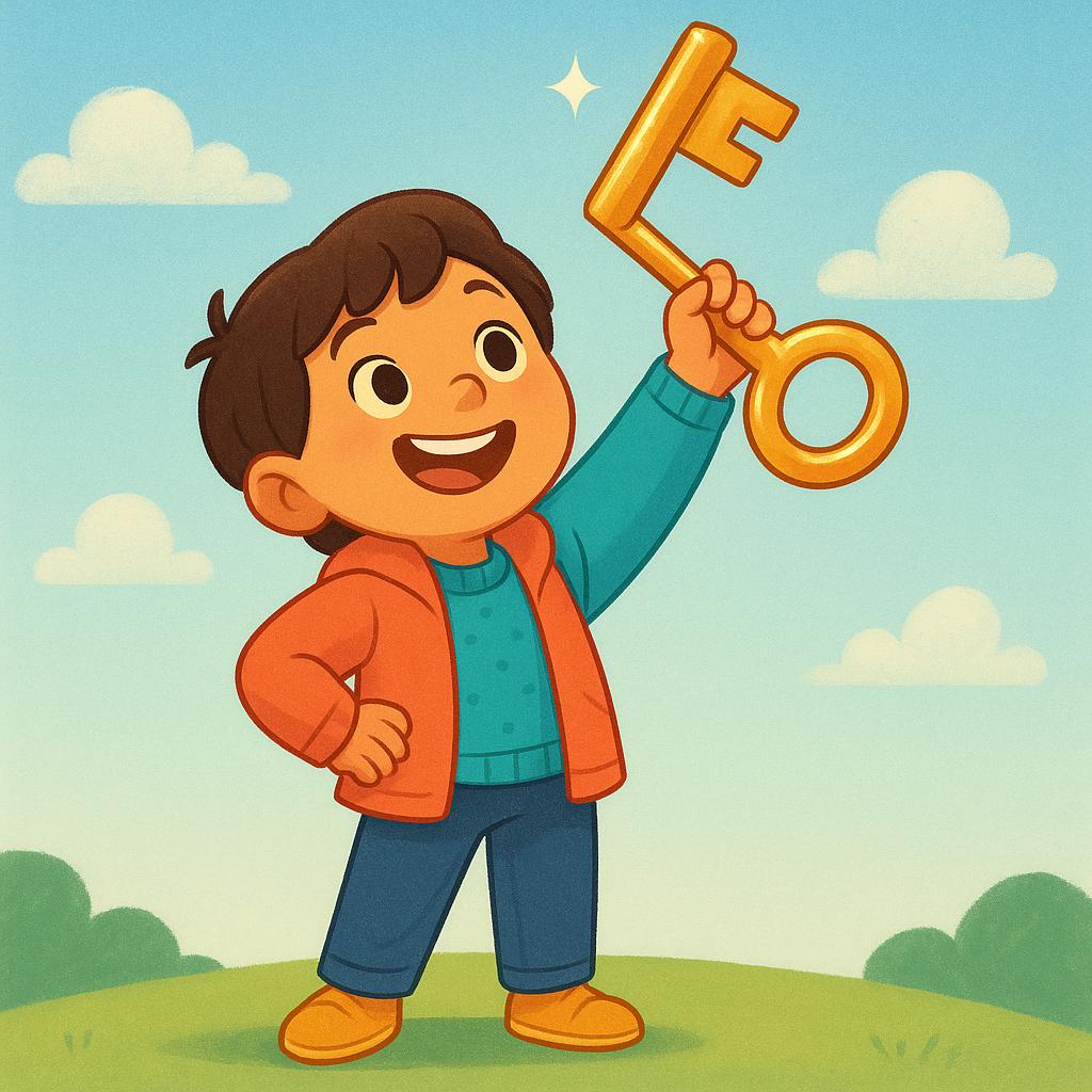 A smiling young person holding a large, shiny golden key, symbolizing future possession or opportunity.