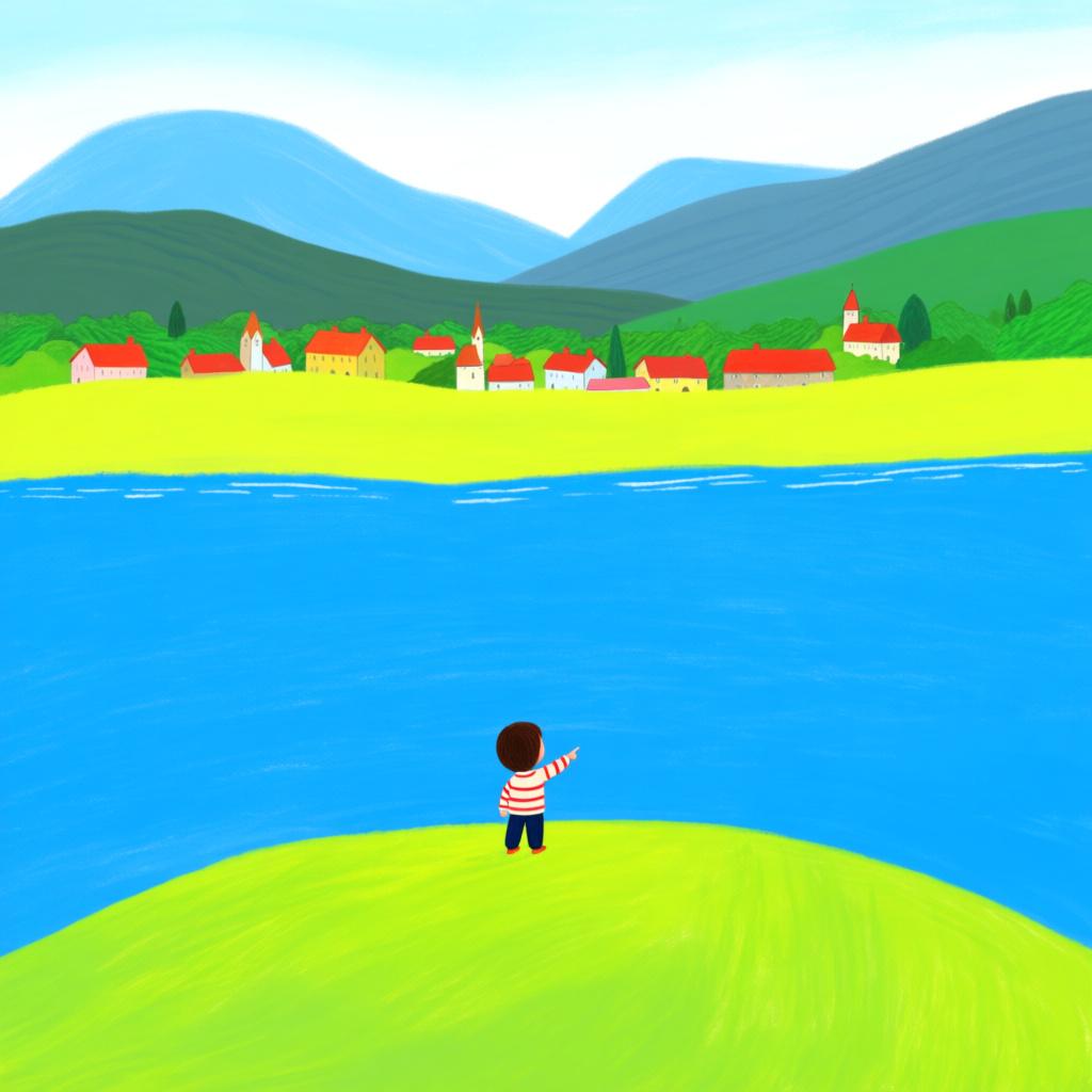 A child pointing across a vast landscape toward a tiny, distant village nestled far away beneath distant mountains, illustrating great physical distance.
