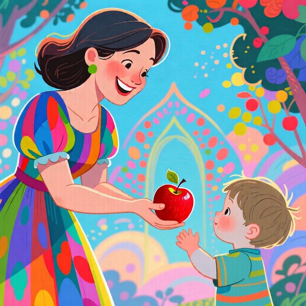 A smiling woman handing a bright red apple to a child, illustrating the action of 'he/she gives'.