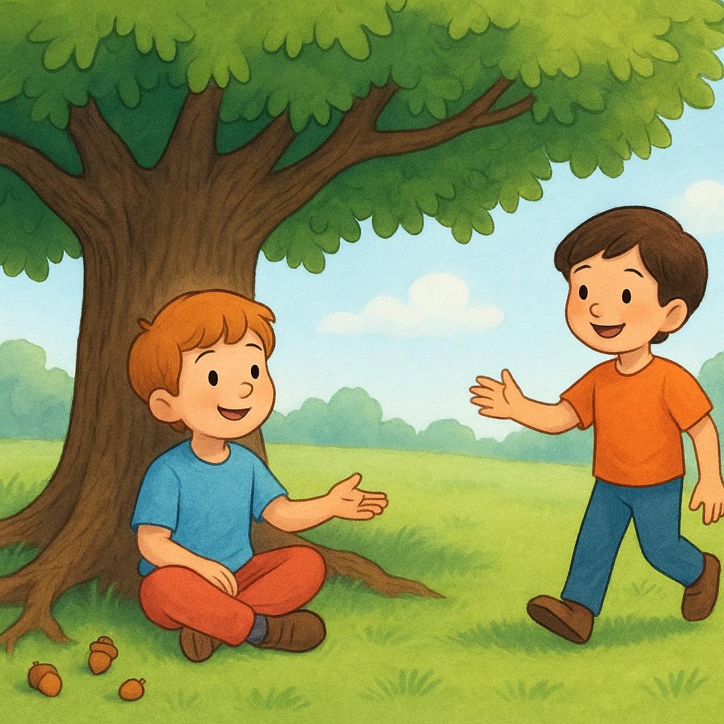 A friendly child sitting under a large, colorful tree, extending an open hand toward the space next to them, inviting a friend to come and join them in that general area.