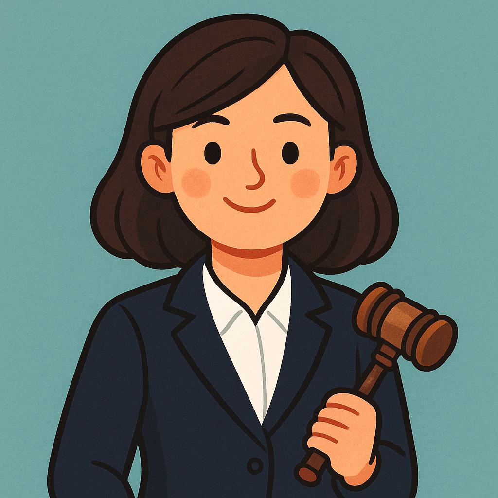 A simple storybook illustration of a female lawyer wearing a dark professional suit and holding a wooden gavel firmly in her hand.