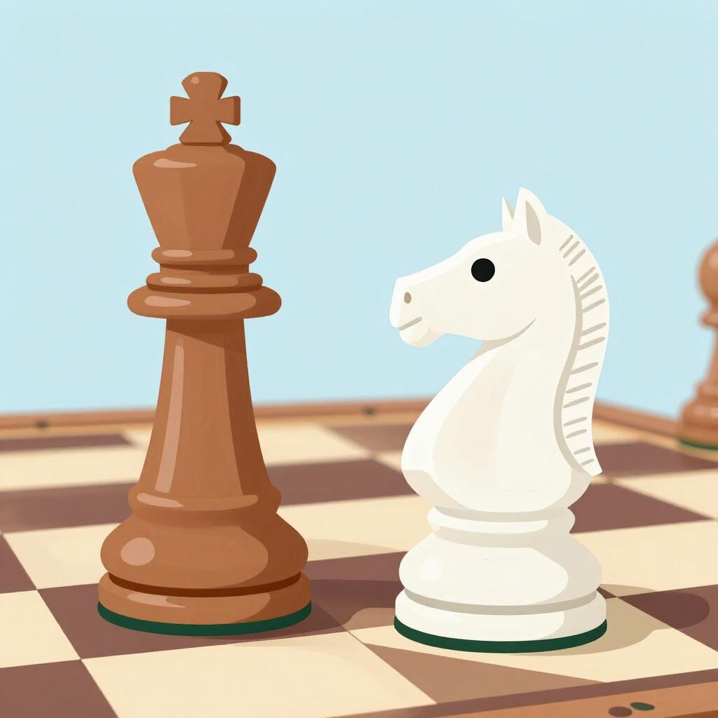 A wooden chess king being targeted by a white knight on a checkered board.