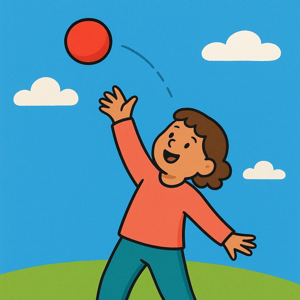 A simplified illustration showing a person winding up to throw a red ball high into the air.