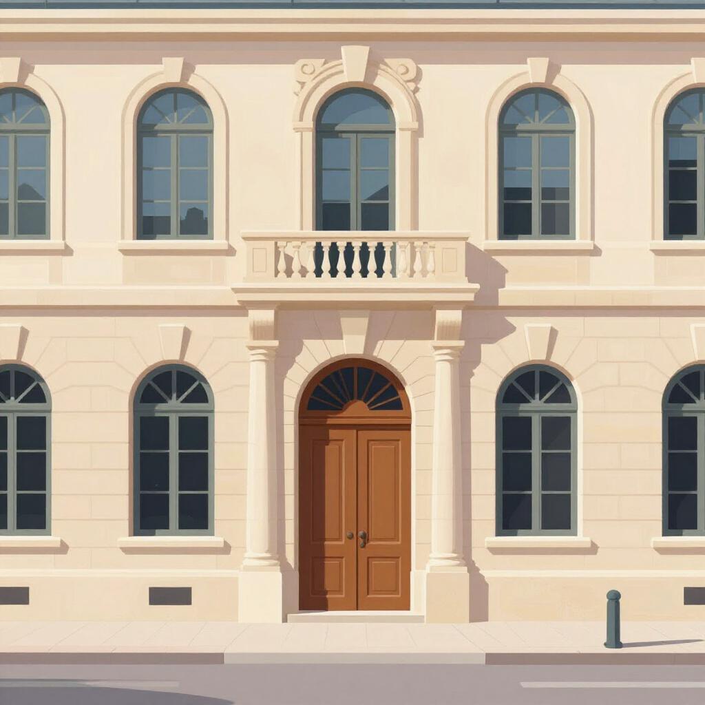 A beautiful stone building front with arched windows and a large wooden door.