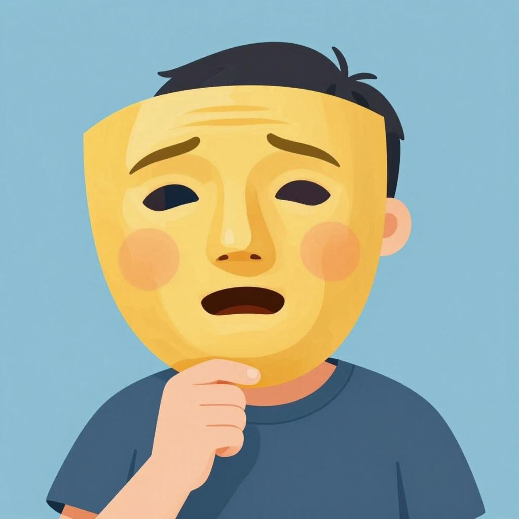 A person wearing a bright, smiling mask over a frowning face.