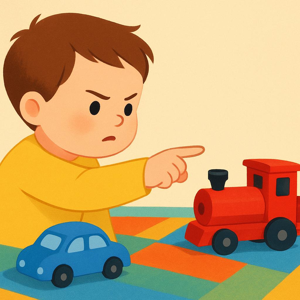 A young child pointing definitively at a red toy train that is sitting on the floor next to a blue toy car, indicating the train is the specific one previously mentioned.