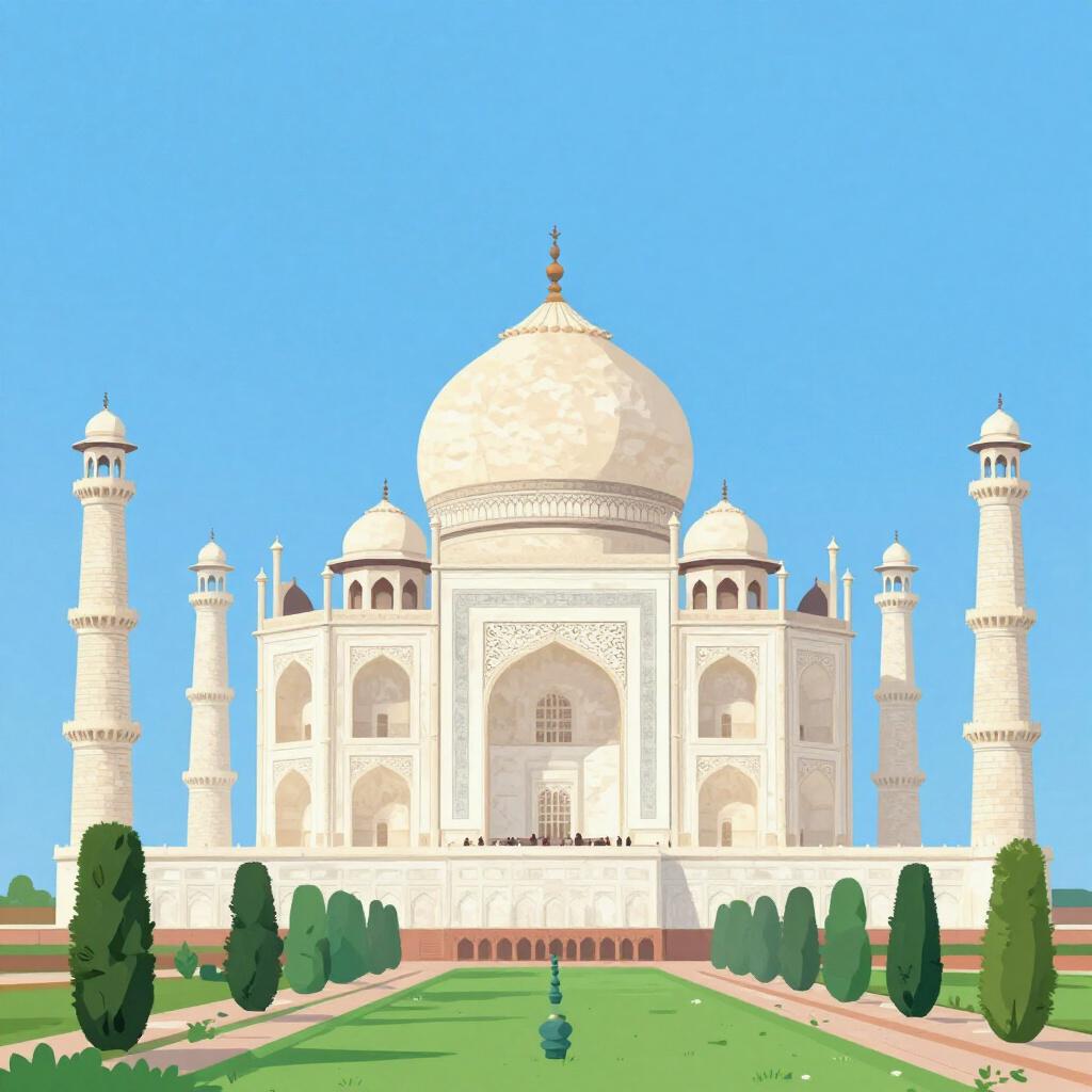 A colorful illustration of the Taj Mahal under a bright sky.