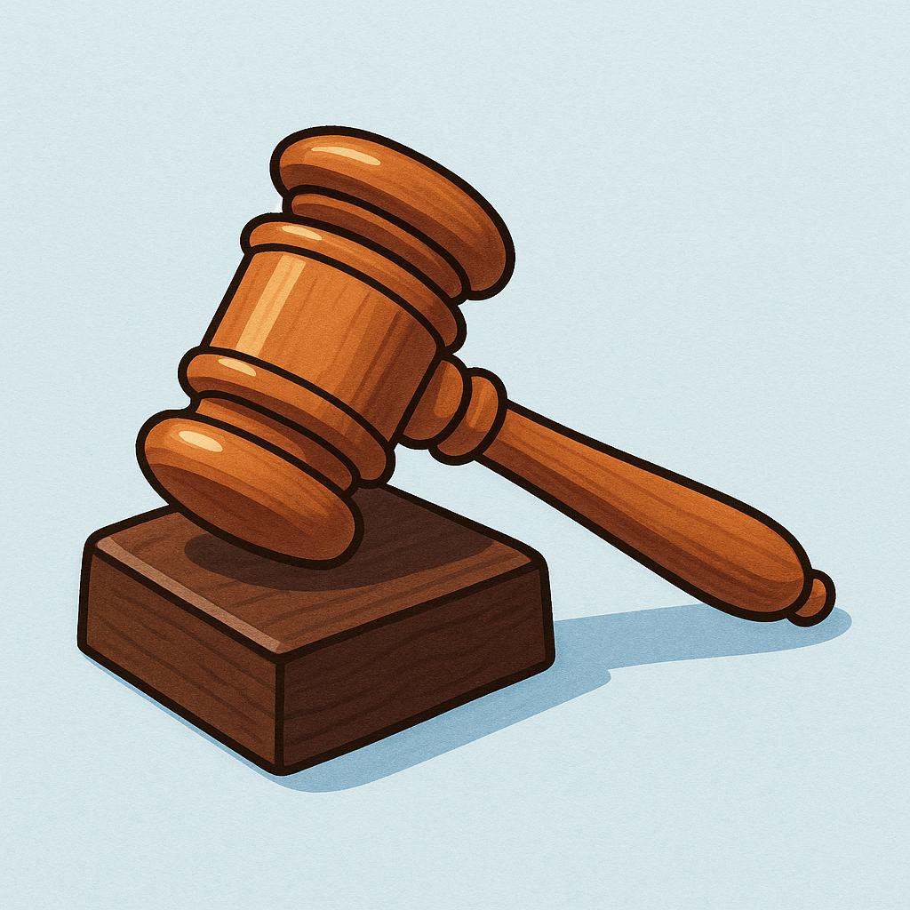 A simple illustration of a wooden judge's gavel resting on a sound block, symbolizing law and legality.