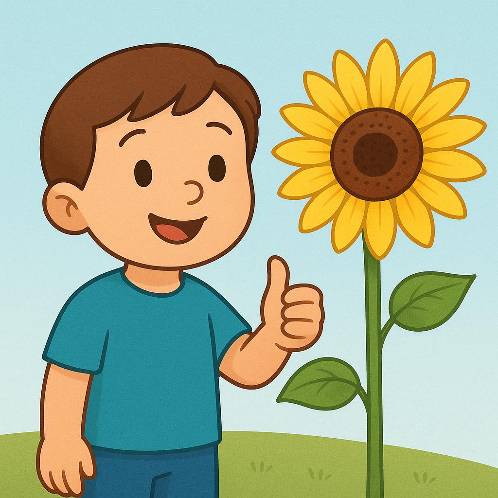 A cheerful cartoon character giving a thumbs-up gesture towards a large, bright yellow sunflower, symbolizing approval or enjoyment.