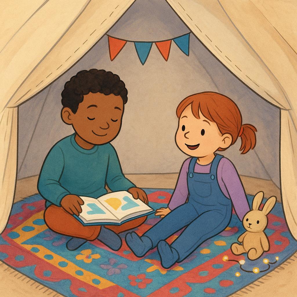 Two young friends sitting comfortably on a rug inside a brightly colored tent, smiling at each other, suggesting they are remaining in that location.