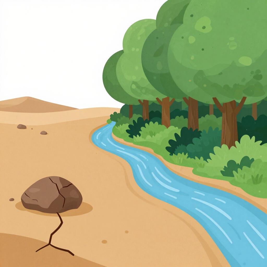 A split image showing a dry, barren desert on one side and a lush, green forest on the other, representing a total transformation.