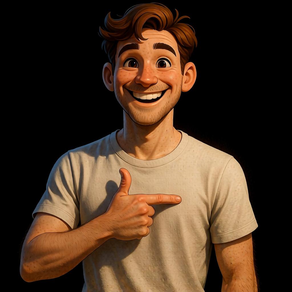 A friendly person pointing to their chest with a happy expression, representing the concept of 'I am'.