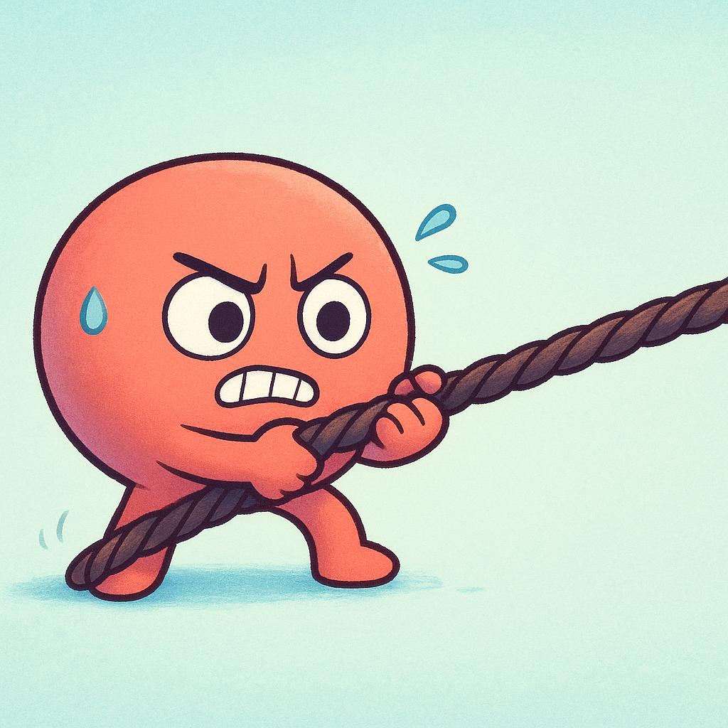 A small, round, determined cartoon creature is straining slightly while pulling a thick rope, demonstrating physical effort.