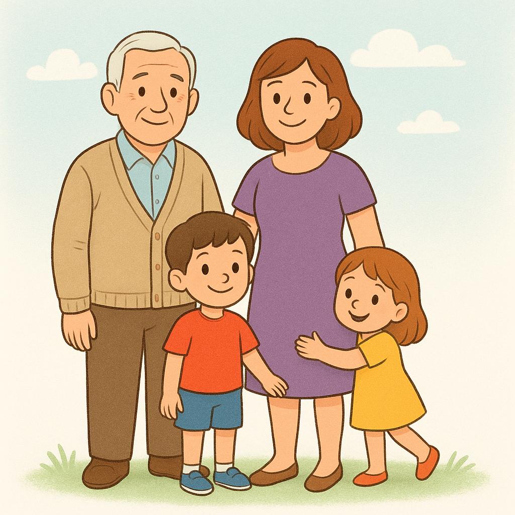 A colorful storybook illustration showing a multi-generational family group: an older man (grandfather), a woman (mother), and two young children, all standing together and smiling happily.