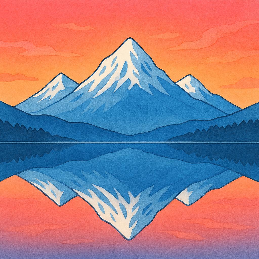 A majestic landscape of tall, snow-capped mountains reflecting perfectly in a calm blue lake under a vibrant orange and pink sunrise sky.
