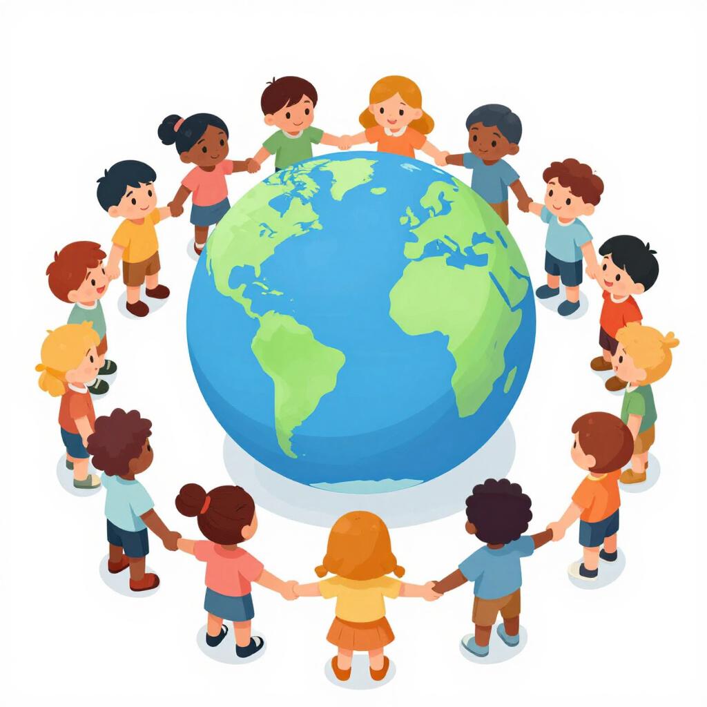 A group of diverse people from all around the world standing together in a circle holding hands around a large globe.