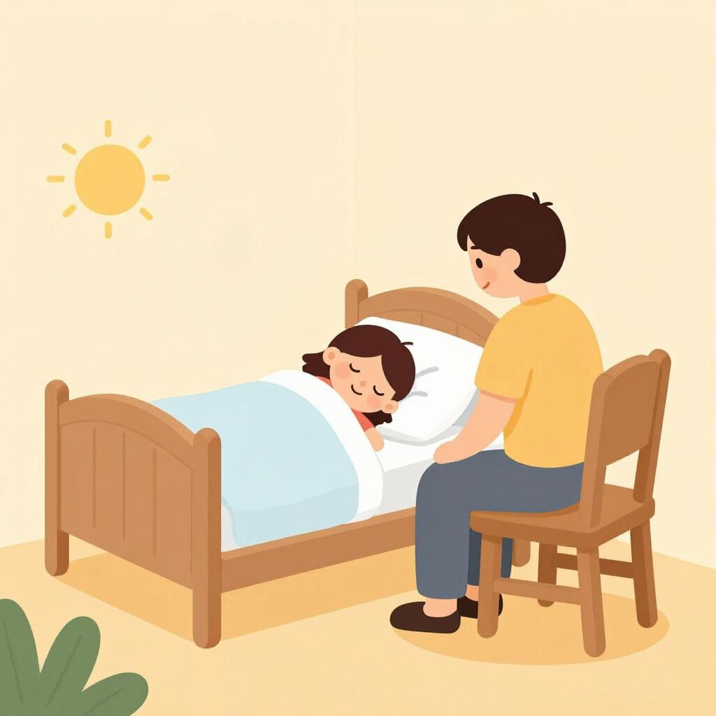 眠っている子供のベッドのそばで静かに座っている保護者。