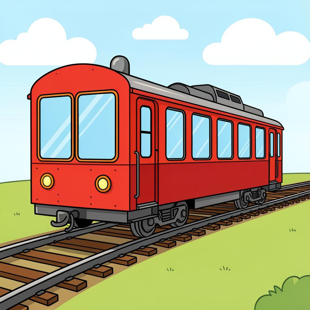 A colorful passenger train car with windows and wheels sitting on a track.