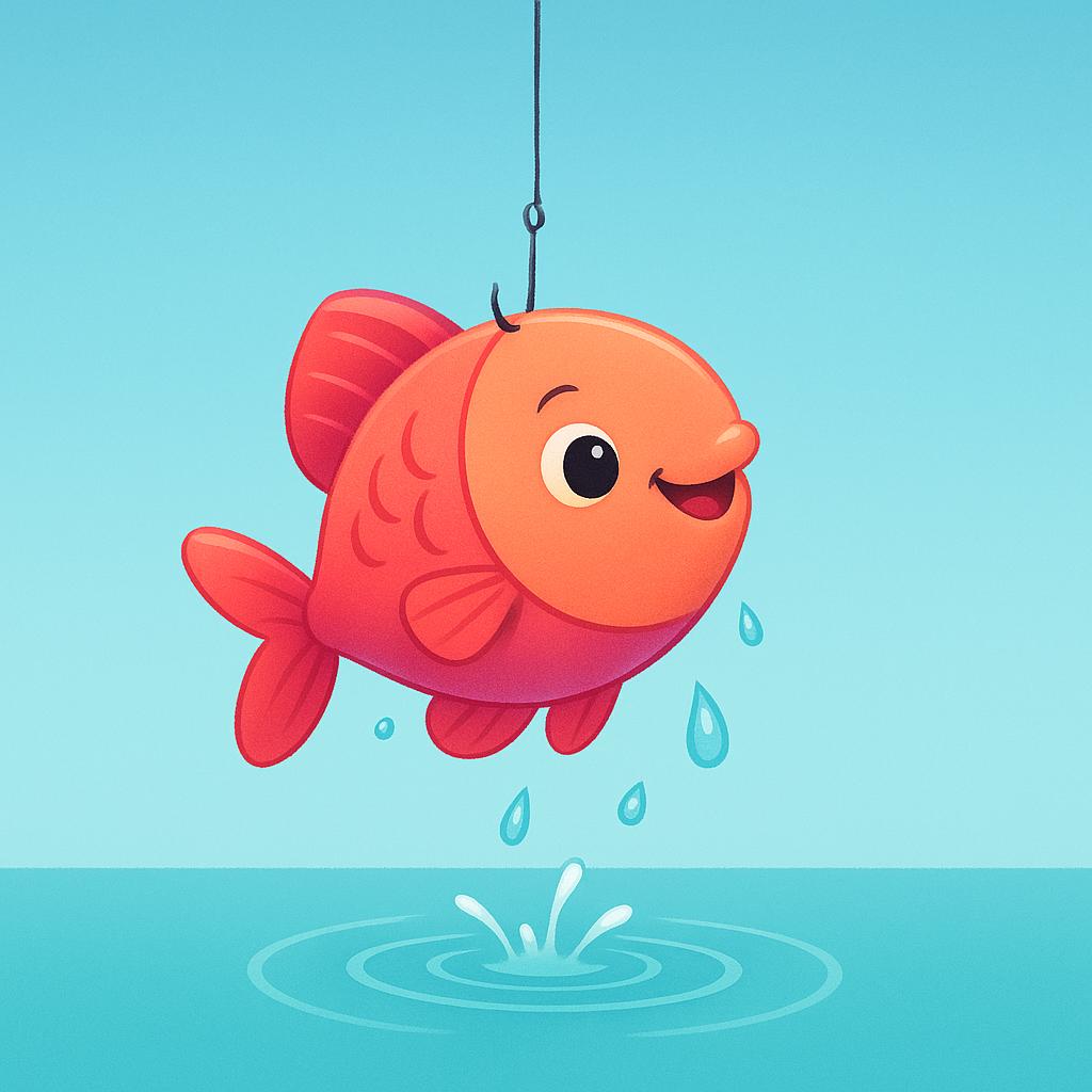 A small, wide-eyed, bright orange fish dangling from a simple fishing hook held by an unseen hand, illustrating the moment of capture.