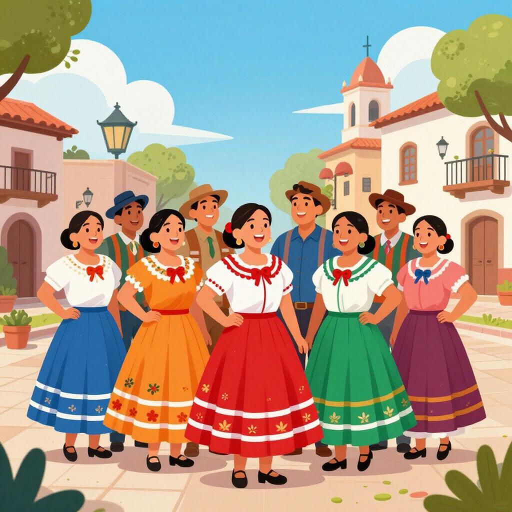 カラフルな旗と伝統衣装を身につけ、様々なラテンアメリカ系の多様な人々がお互いを祝福し合っている様子。