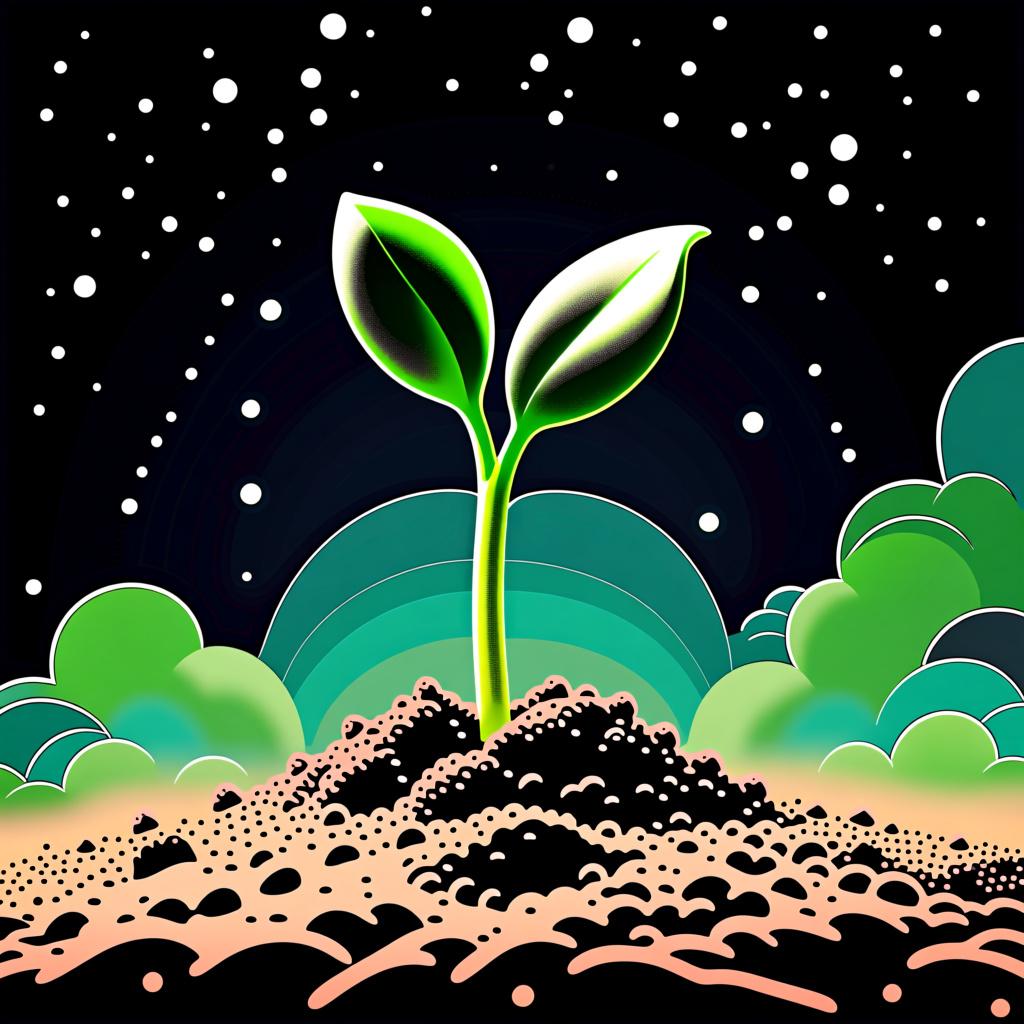 A tiny green sprout pushing up through dark soil, representing the beginning of life.