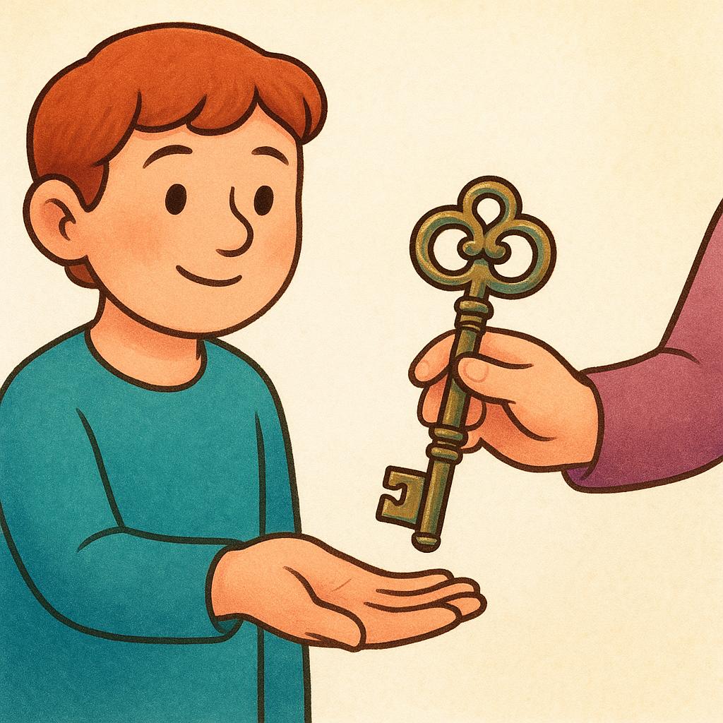 A brightly colored illustration showing one character gently handing a large, symbolic key to another character, who is smiling broadly while accepting it with an open hand, illustrating acceptance.