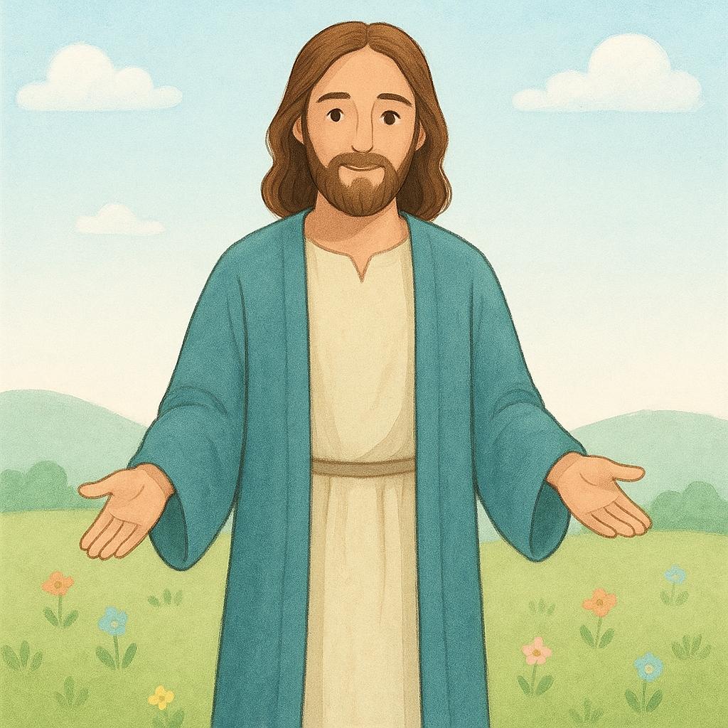 A colorful storybook illustration of Jesus Christ, depicted as a serene man with a beard, long hair, and simple robes, standing peacefully.