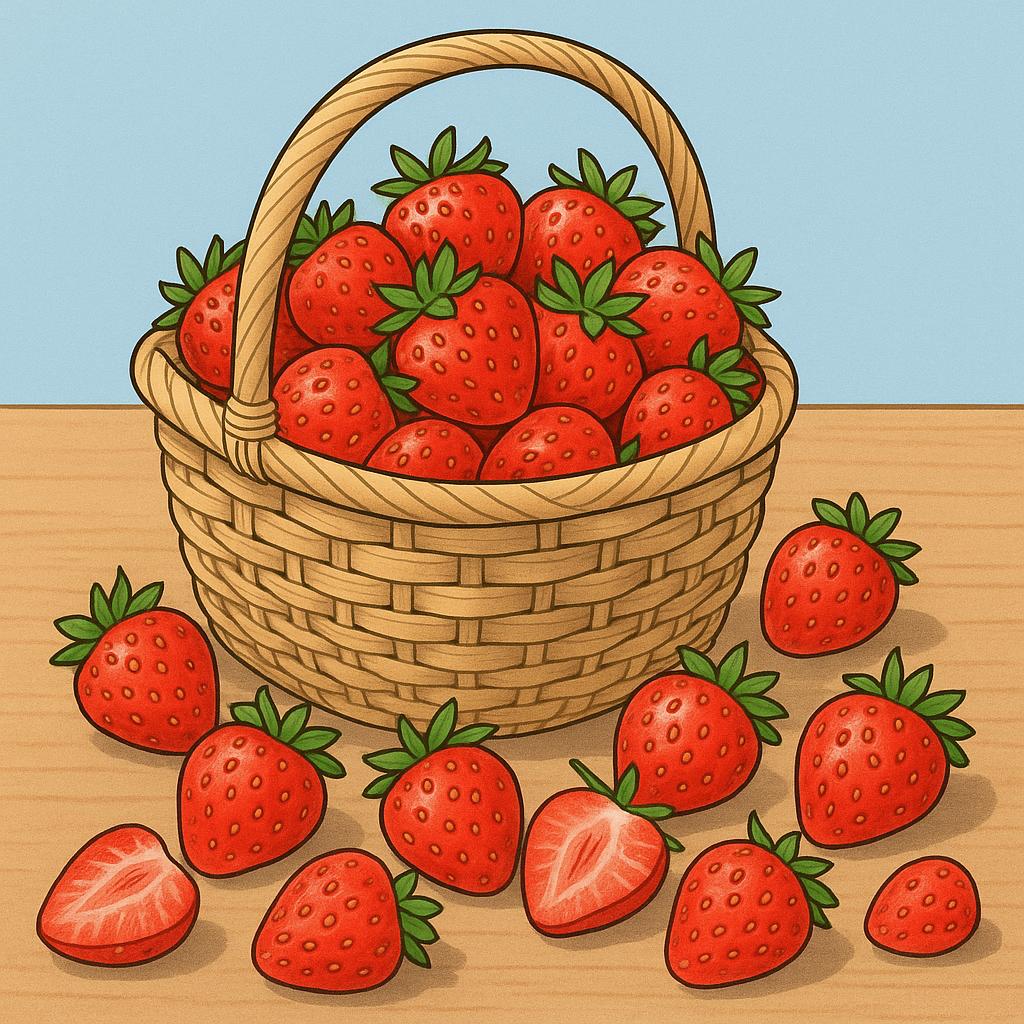 A small, brown woven basket that is bursting and overflowing with an excessive number of bright red strawberries, indicating an overwhelming quantity.