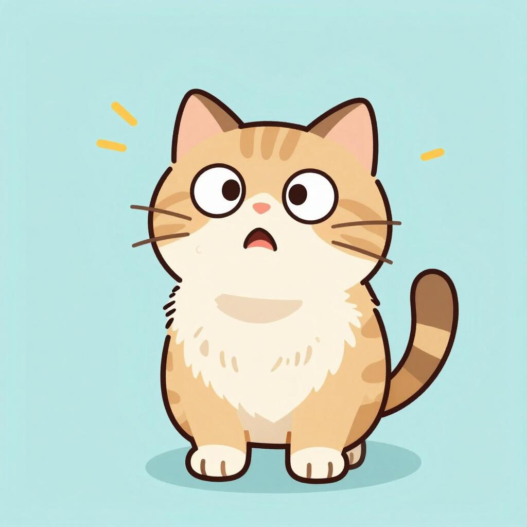 Eine kleine, weitäugige Katze mit aufgestelltem Fell und buschigem Schwanz.