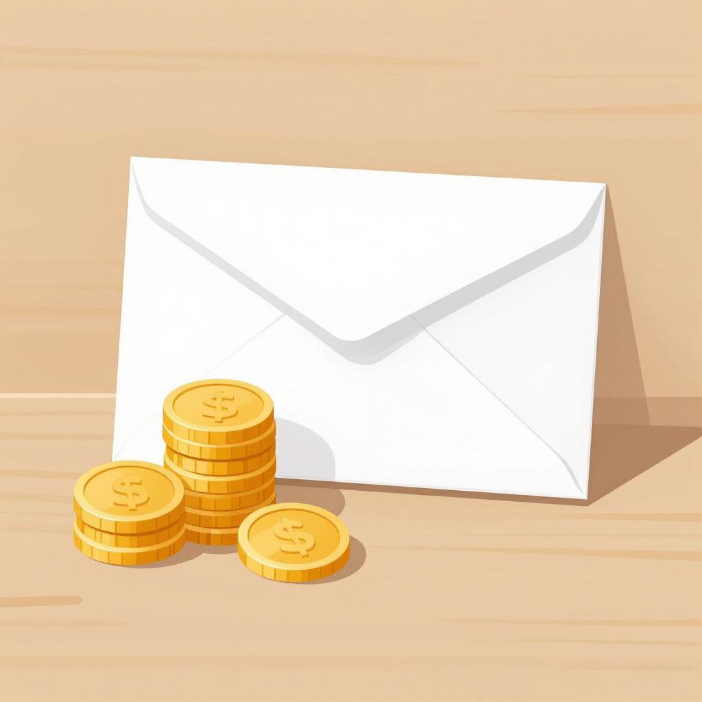 Une illustration de livre d'histoires colorée d'une petite pile de pièces d'or et d'une enveloppe scellée sur une table en bois.