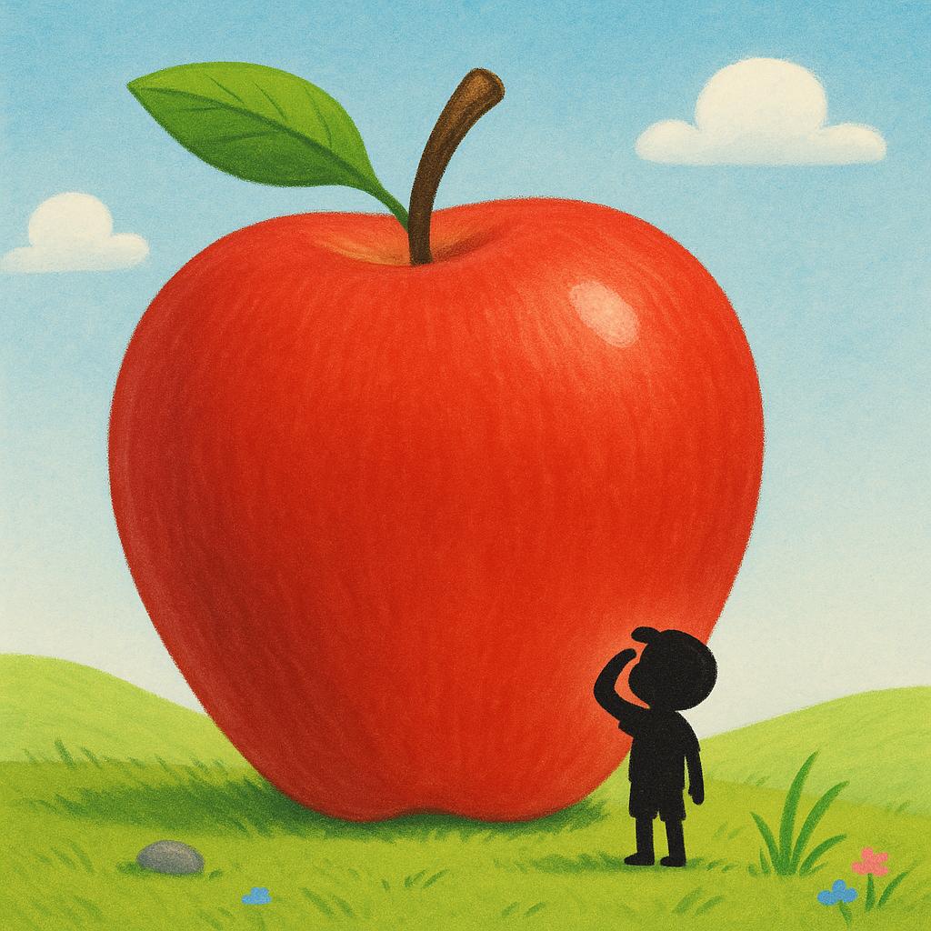 A tiny child standing next to a massive, brightly colored red apple, emphasizing its huge size.