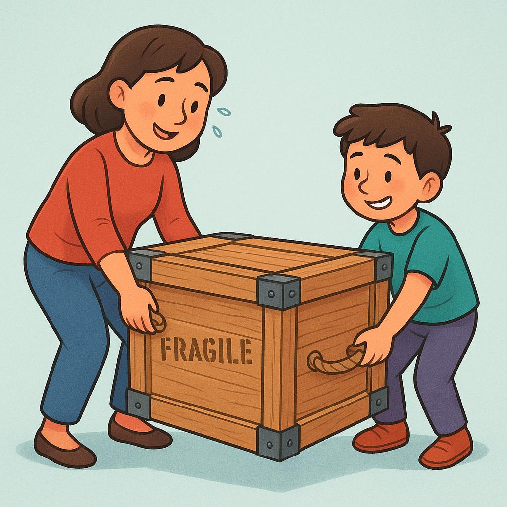 A friendly woman is assisting a young boy who is struggling to lift a heavy wooden box. They are both holding the box and cooperating.