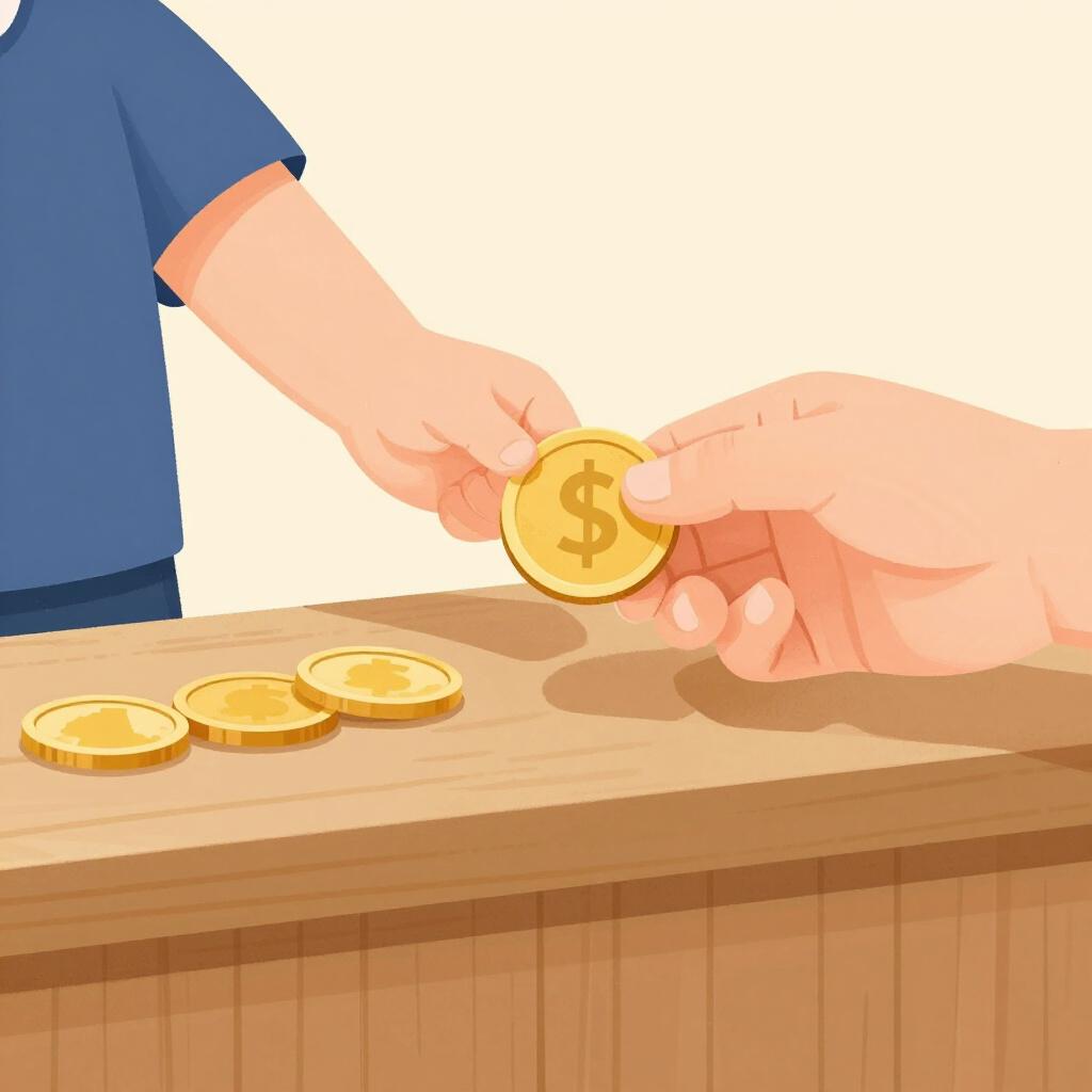 A person handing a gold coin to a shopkeeper over a wooden counter.
