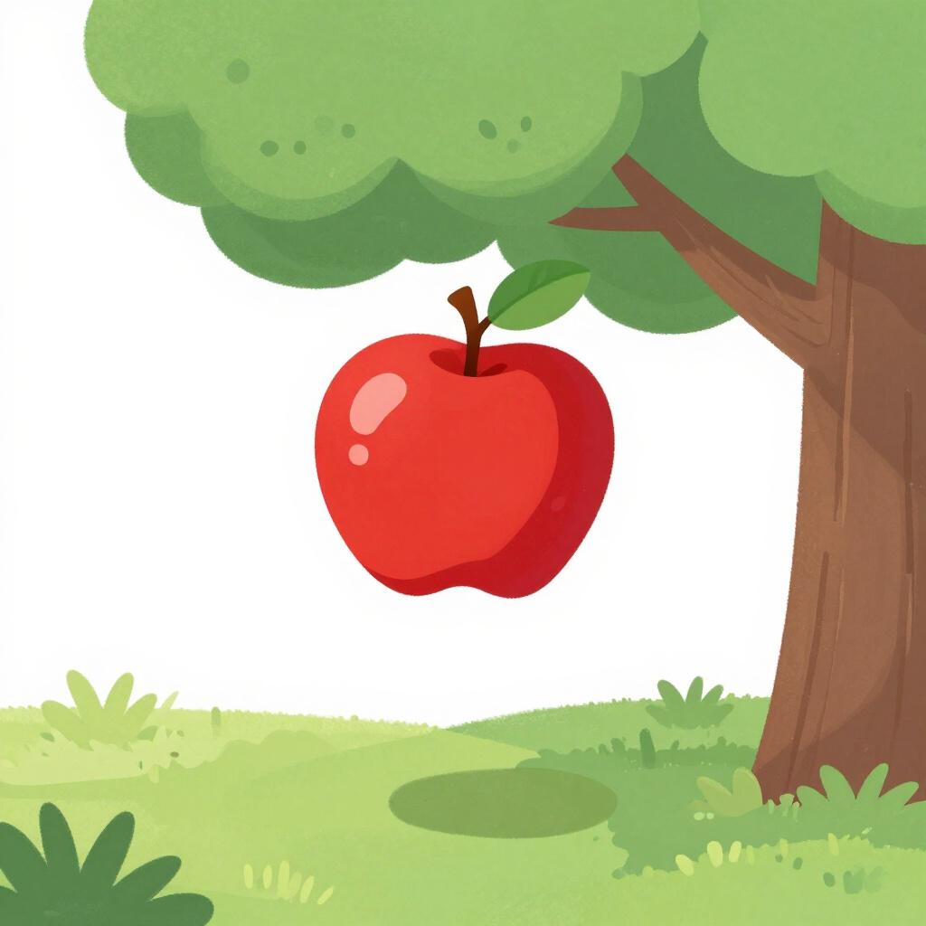 Uma maçã vermelha madura caindo de um galho de árvore frondoso em direção à grama verde macia.