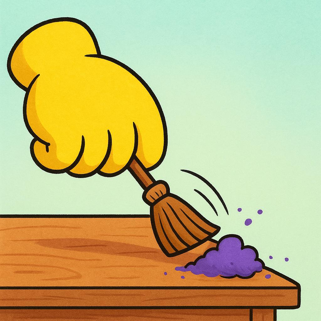 A cartoon hand sweeping a pile of colorful dust completely off a surface using a small broom, illustrating complete removal.