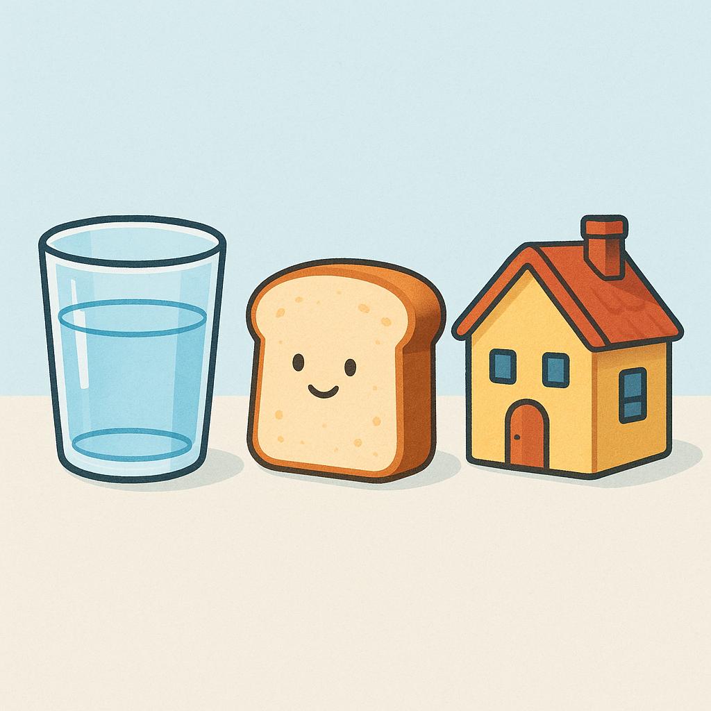 A simple illustration showing essential requirements for life: a glass of clean water, a slice of bread, and a small, cozy house.