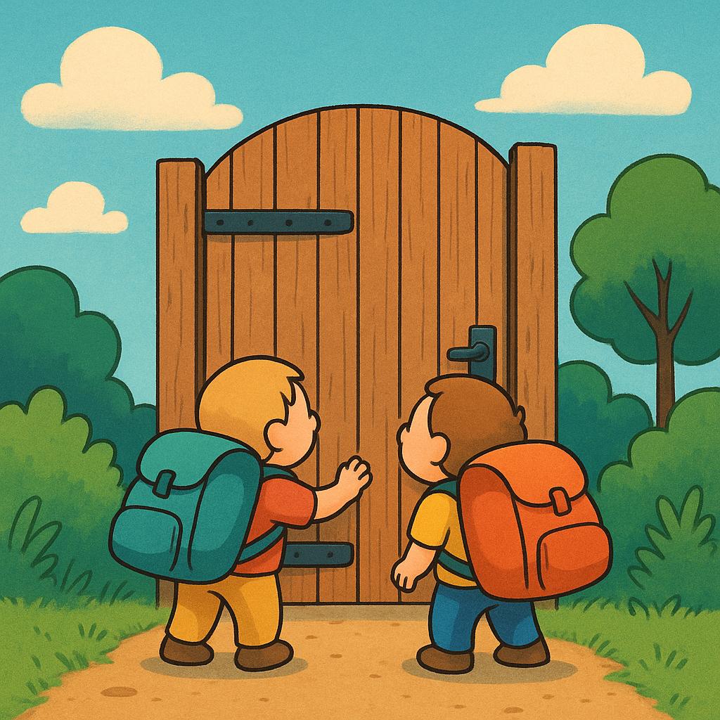Two small figures carrying heavy backpacks stand before a tall, closed wooden gate, symbolizing a mandatory path or task they are obligated to follow.