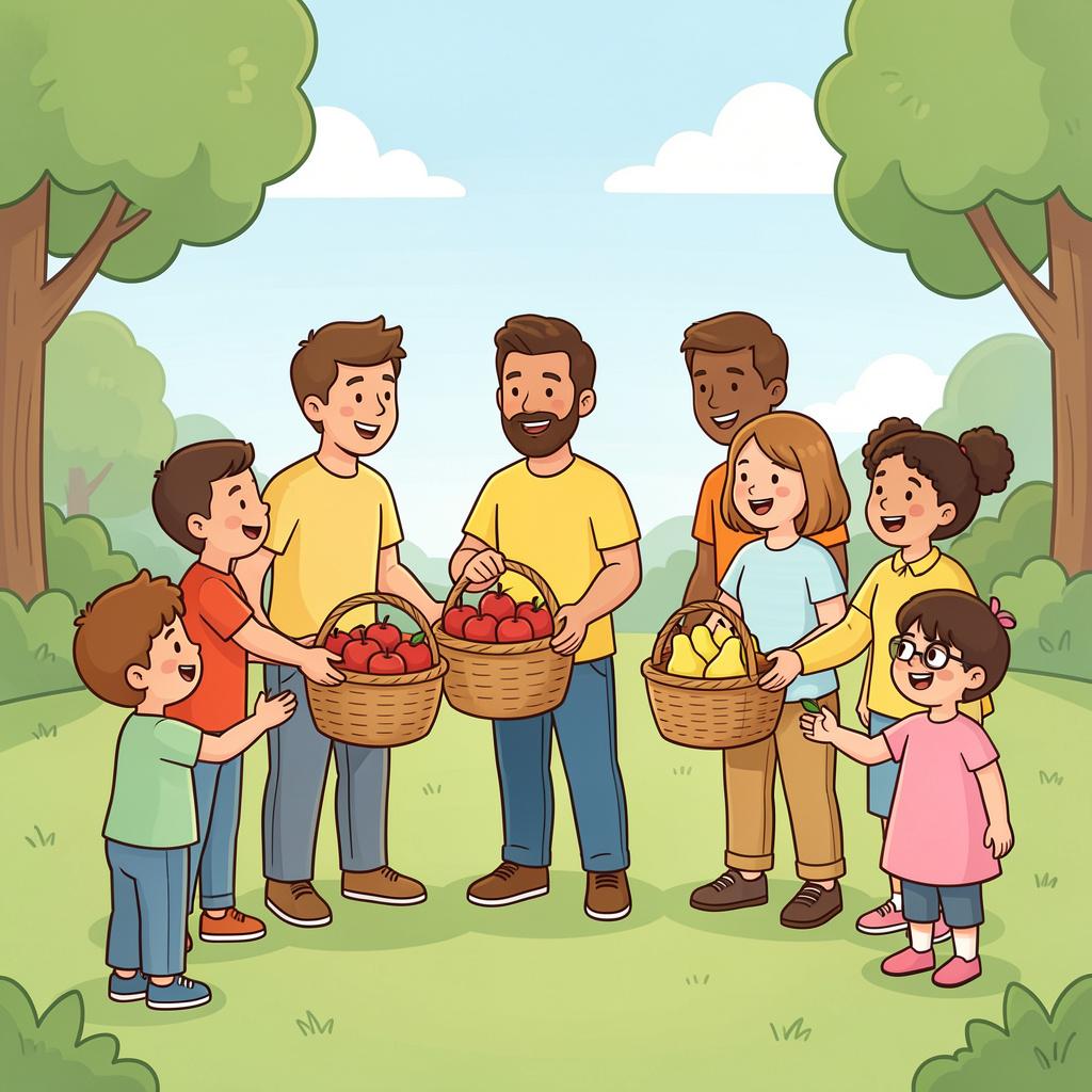 A group of cheerful people handing out baskets of fruit to their neighbors in a colorful village.