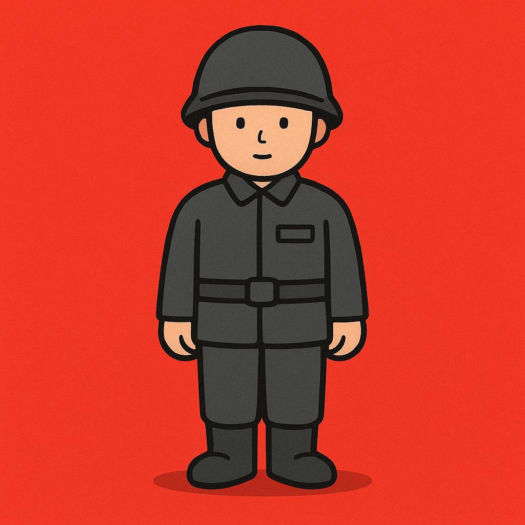 A stylized, rigid figure of a soldier wearing a dark uniform and a simple, round helmet, standing against a stark red background.