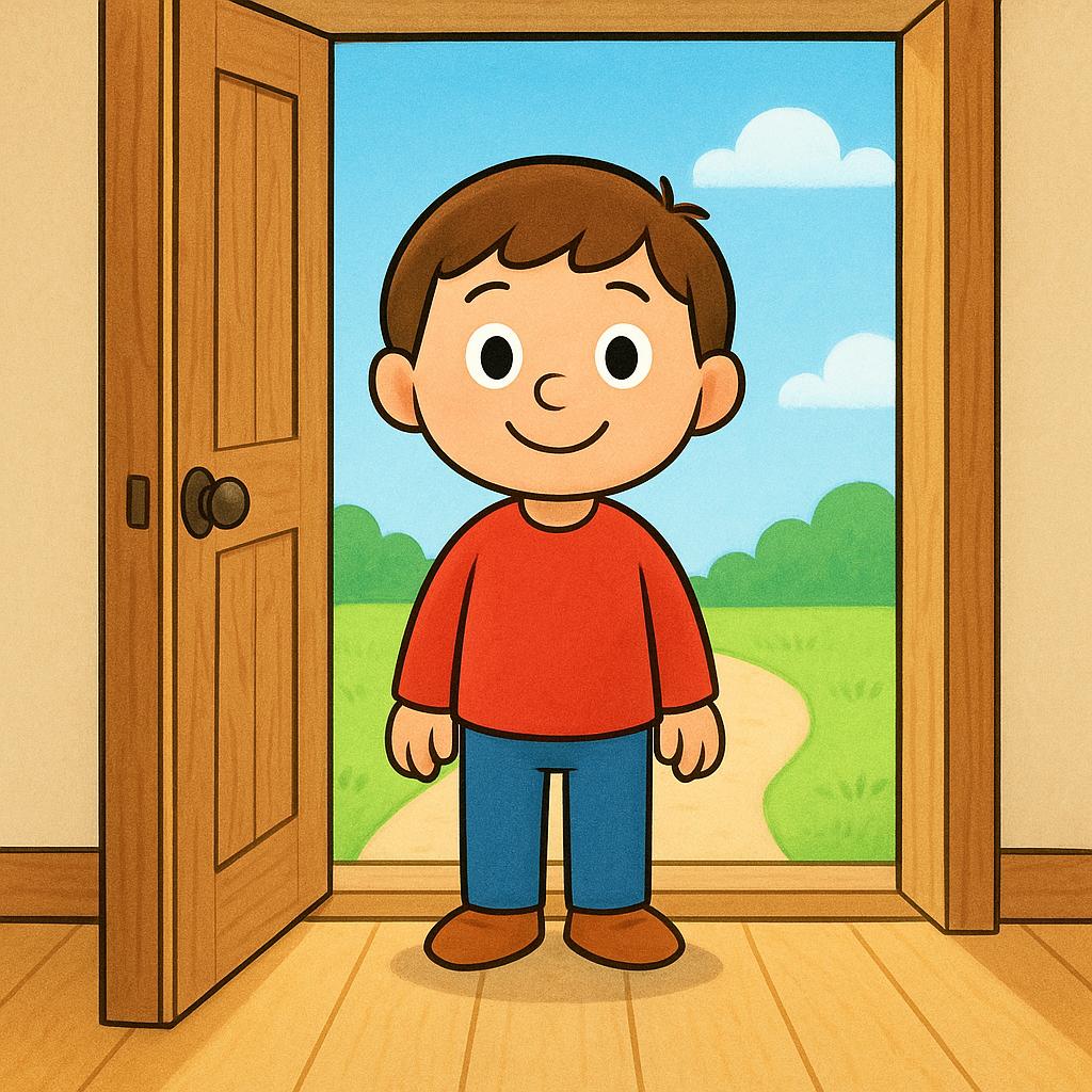 A simple cartoon character stands fully inside a brightly lit room, having just stepped across the threshold of an open wooden doorway.